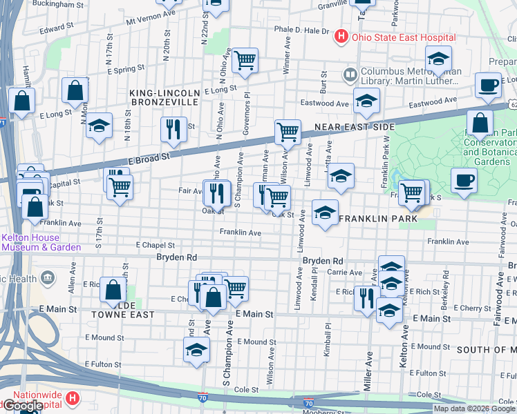 map of restaurants, bars, coffee shops, grocery stores, and more near 1200 Oak Street in Columbus