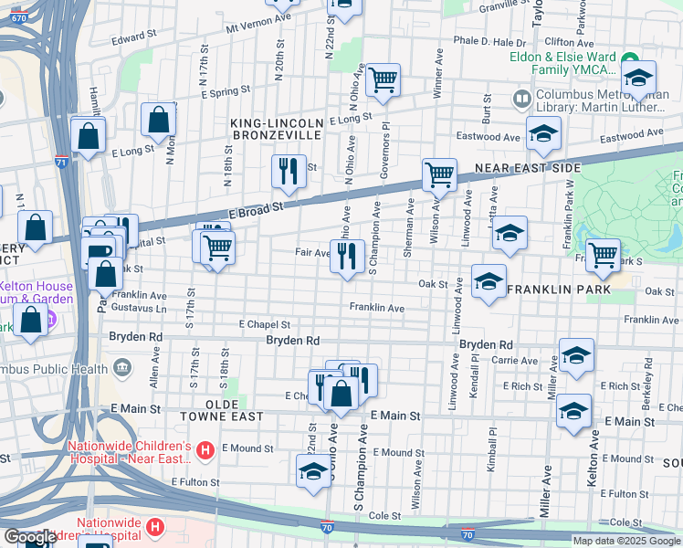 map of restaurants, bars, coffee shops, grocery stores, and more near 1092 Oak Street in Columbus
