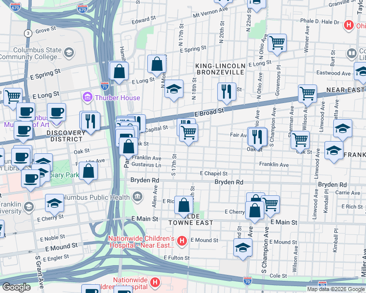 map of restaurants, bars, coffee shops, grocery stores, and more near 875 Oak Street in Columbus
