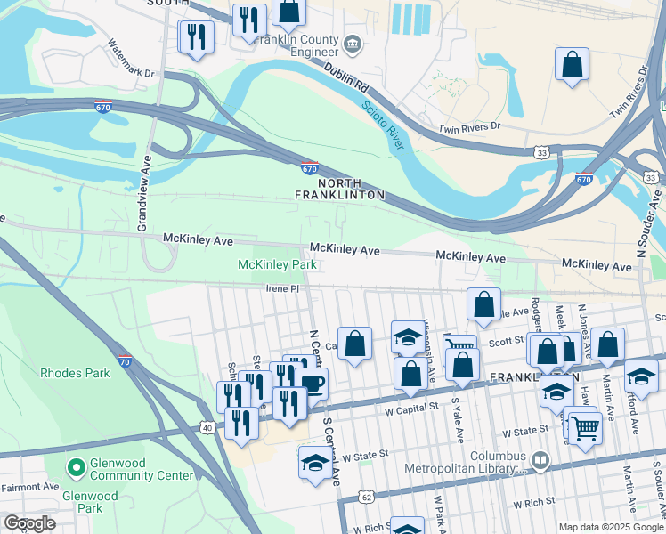 map of restaurants, bars, coffee shops, grocery stores, and more near 1376 River Street in Columbus