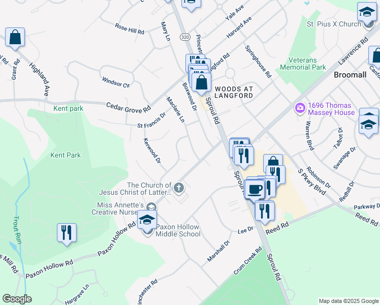 map of restaurants, bars, coffee shops, grocery stores, and more near 2022 Maclarie Lane in Broomall