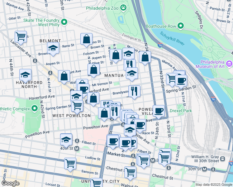 map of restaurants, bars, coffee shops, grocery stores, and more near 3716 Brandywine Street in Philadelphia
