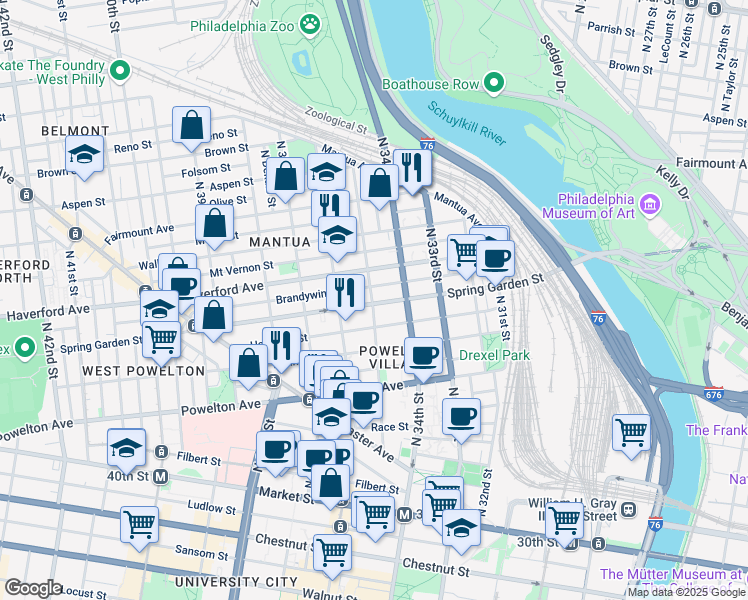 map of restaurants, bars, coffee shops, grocery stores, and more near 501 North 35th Street in Philadelphia