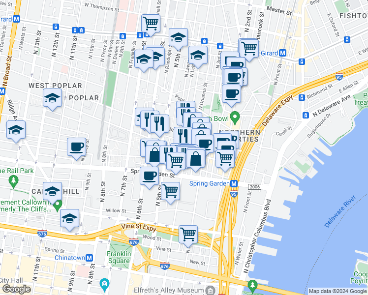 map of restaurants, bars, coffee shops, grocery stores, and more near 403 Fairmount Avenue in Philadelphia