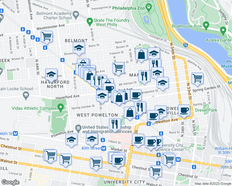 map of restaurants, bars, coffee shops, grocery stores, and more near 3912 Haverford Avenue in Philadelphia