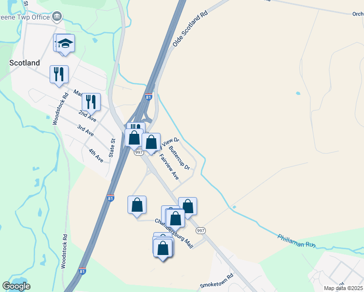 map of restaurants, bars, coffee shops, grocery stores, and more near 3639 Valley View Drive in Chambersburg