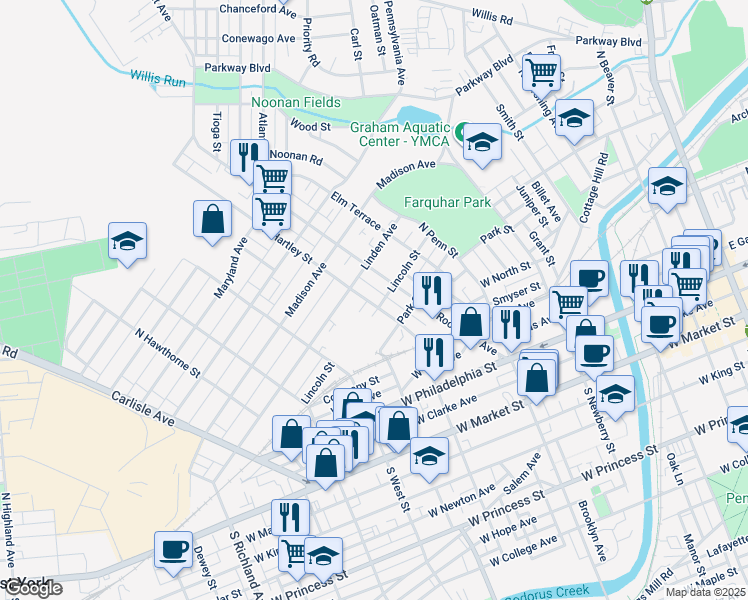 map of restaurants, bars, coffee shops, grocery stores, and more near 307 North Hartley Street in York