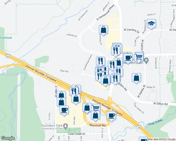 map of restaurants, bars, coffee shops, grocery stores, and more near 363 Centennial Pkwy in Louisville
