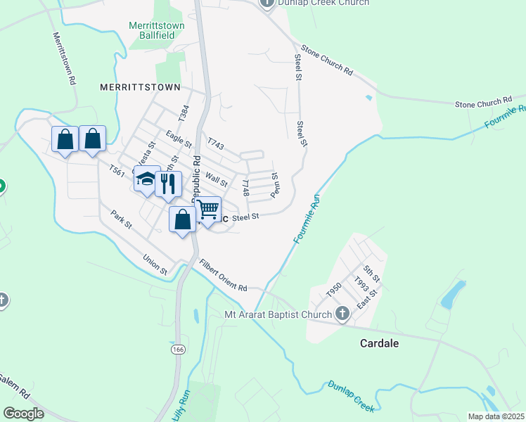 map of restaurants, bars, coffee shops, grocery stores, and more near 53 Steel Street in Brownsville