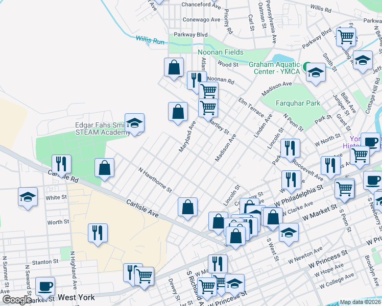 map of restaurants, bars, coffee shops, grocery stores, and more near 601 North West Street in York
