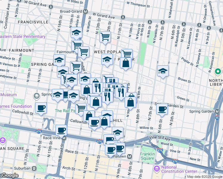 map of restaurants, bars, coffee shops, grocery stores, and more near 603 North 11th Street in Philadelphia