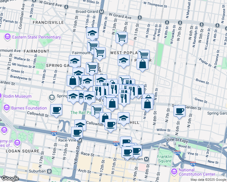 map of restaurants, bars, coffee shops, grocery stores, and more near 548 North 12th Street in Philadelphia