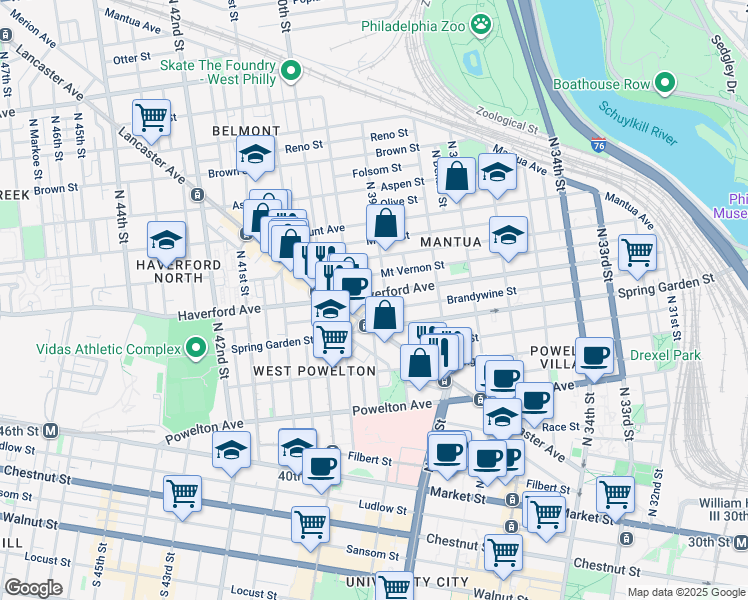 map of restaurants, bars, coffee shops, grocery stores, and more near 3914 Haverford Avenue in Philadelphia