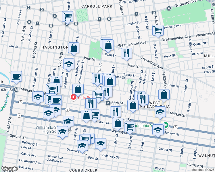 map of restaurants, bars, coffee shops, grocery stores, and more near 5612 Appletree Street in Philadelphia