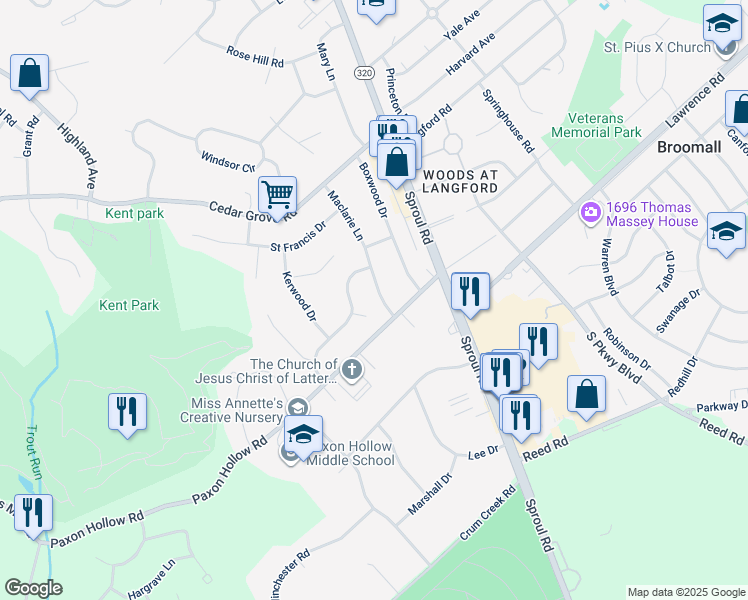 map of restaurants, bars, coffee shops, grocery stores, and more near 2022 Maclarie Lane in Broomall