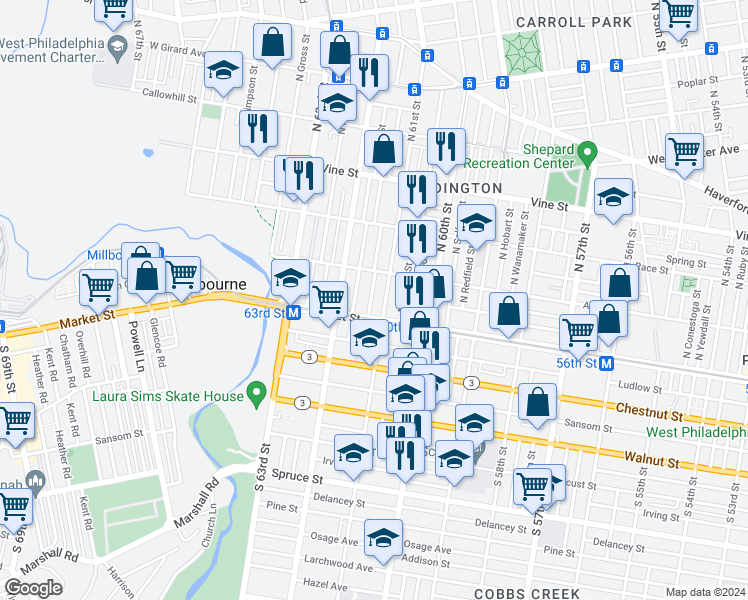 map of restaurants, bars, coffee shops, grocery stores, and more near 25 North Dewey Street in Philadelphia