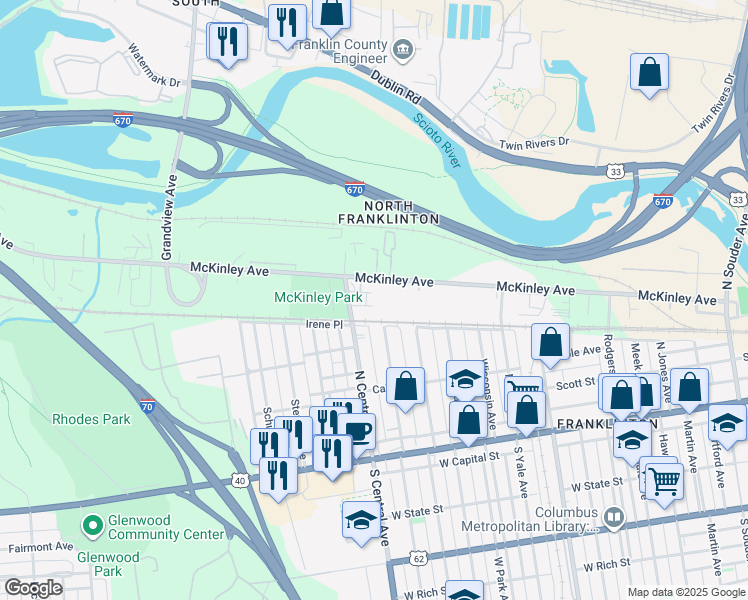 map of restaurants, bars, coffee shops, grocery stores, and more near 1376 River Street in Columbus