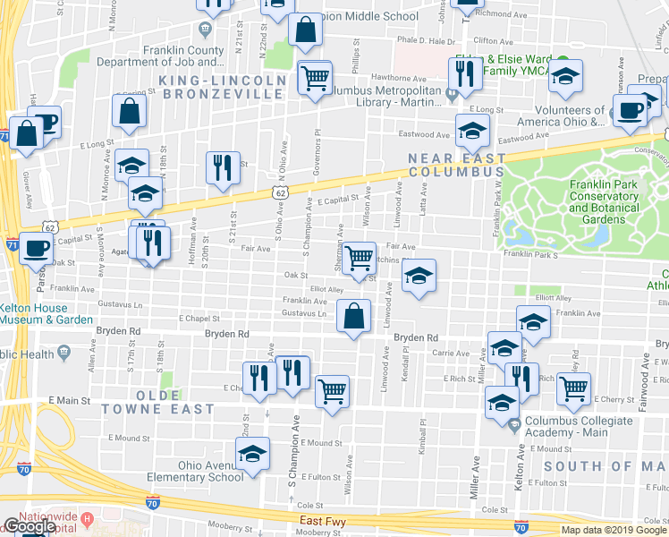 map of restaurants, bars, coffee shops, grocery stores, and more near 1200 Oak Street in Columbus