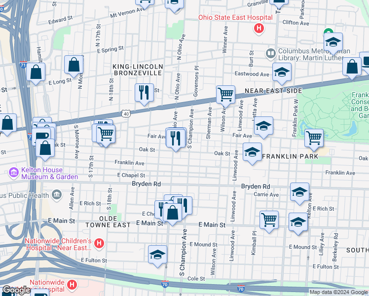 map of restaurants, bars, coffee shops, grocery stores, and more near 1150 Oak Street in Columbus