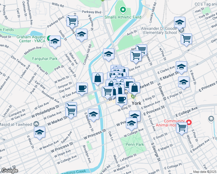 map of restaurants, bars, coffee shops, grocery stores, and more near 122 West Philadelphia Street in York