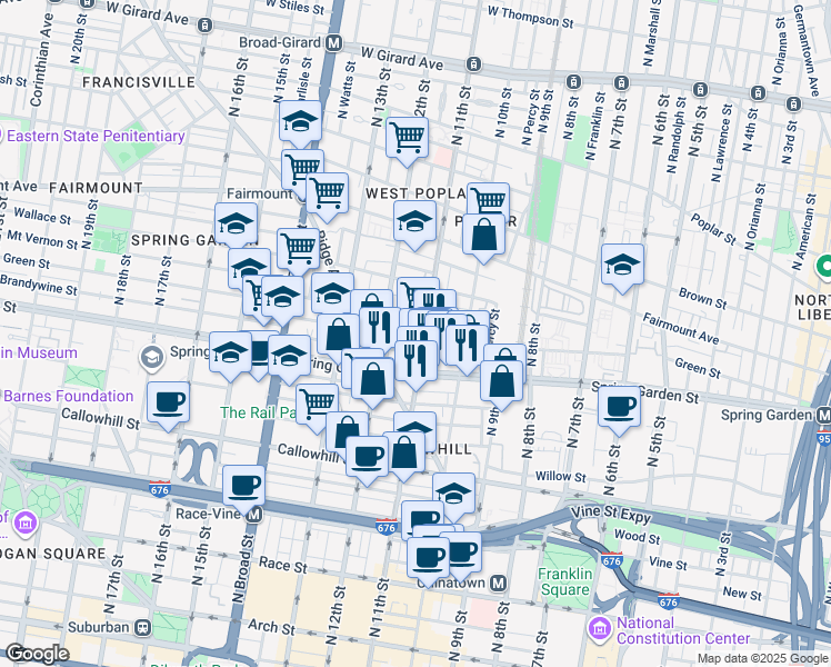 map of restaurants, bars, coffee shops, grocery stores, and more near 602 North 11th Street in Philadelphia