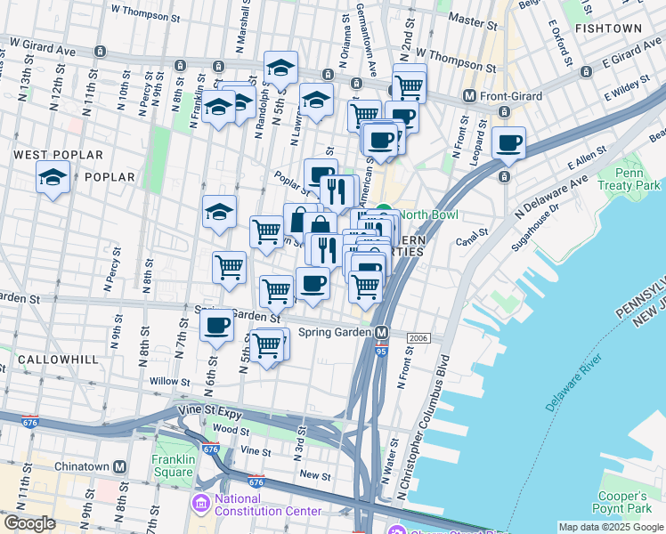 map of restaurants, bars, coffee shops, grocery stores, and more near 721 North 3rd Street in Philadelphia