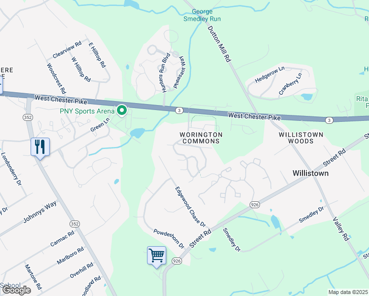 map of restaurants, bars, coffee shops, grocery stores, and more near 602 Brookfield Way in West Chester