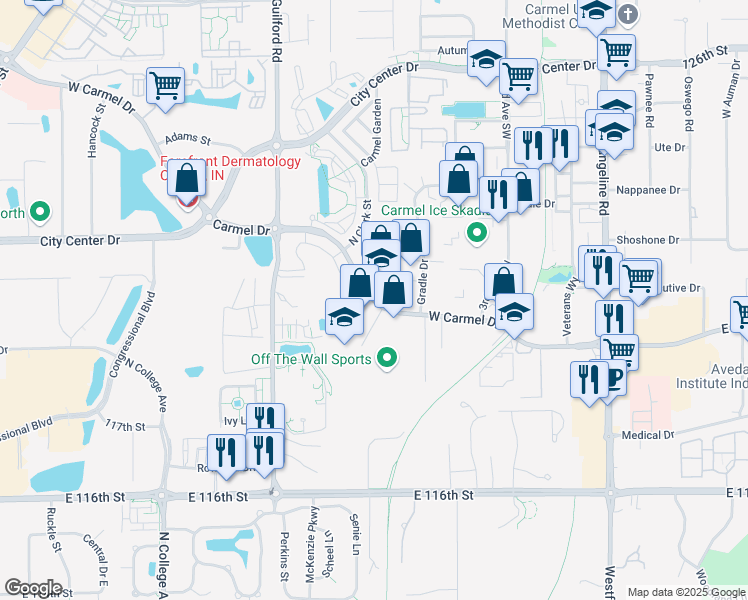 map of restaurants, bars, coffee shops, grocery stores, and more near 530 West Carmel Drive in Carmel