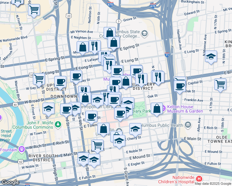 map of restaurants, bars, coffee shops, grocery stores, and more near 361 East Broad Street in Columbus
