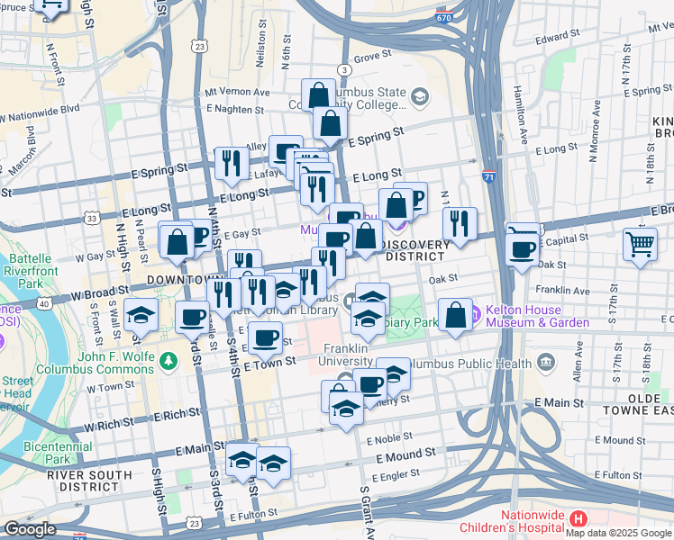 map of restaurants, bars, coffee shops, grocery stores, and more near 361 East Broad Street in Columbus