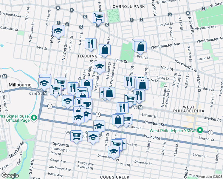 map of restaurants, bars, coffee shops, grocery stores, and more near 5812 Arch Street in Philadelphia