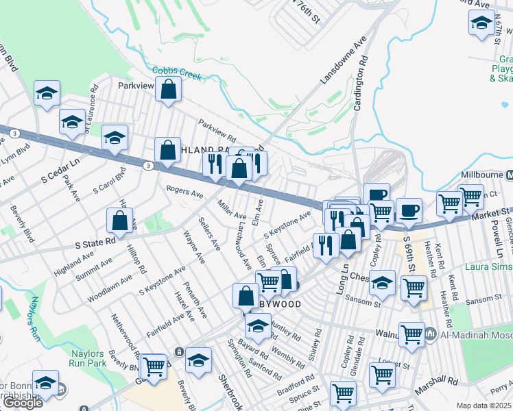 map of restaurants, bars, coffee shops, grocery stores, and more near 10 Elm Avenue in Delaware County