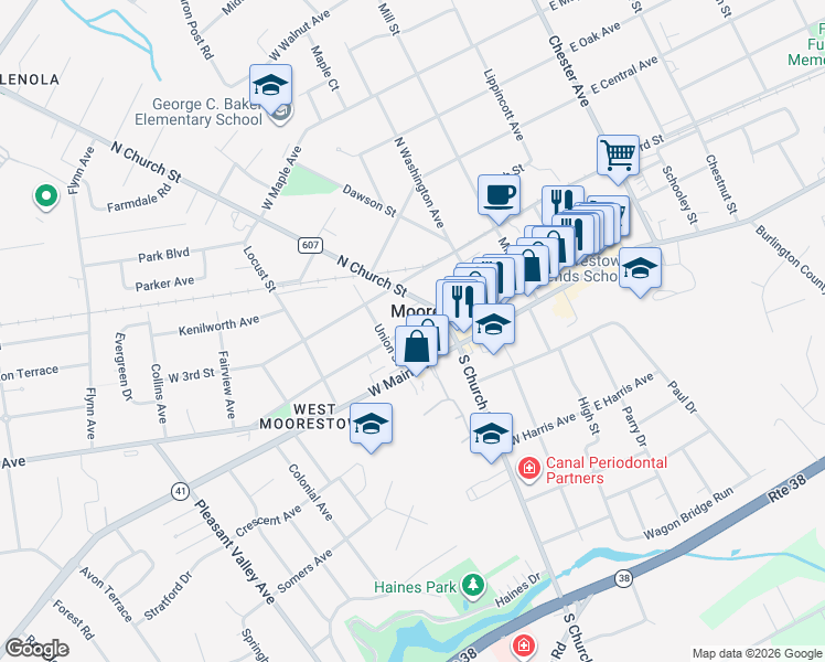 map of restaurants, bars, coffee shops, grocery stores, and more near 224 West 2nd Street in Moorestown