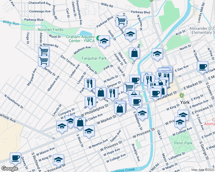 map of restaurants, bars, coffee shops, grocery stores, and more near 391 Smyser Street in York