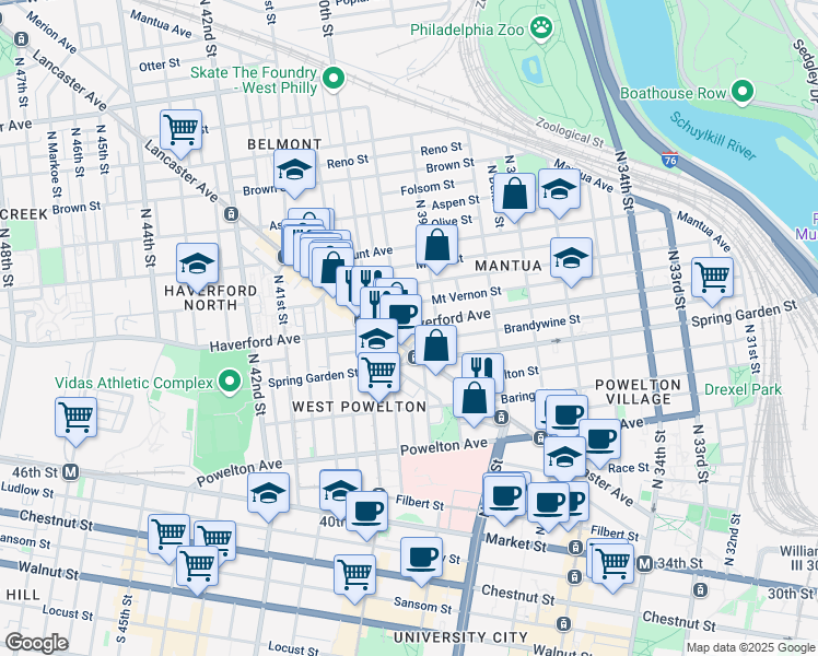 map of restaurants, bars, coffee shops, grocery stores, and more near 3936 Haverford Avenue in Philadelphia