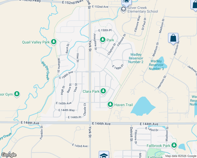 map of restaurants, bars, coffee shops, grocery stores, and more near 14711 Columbine Street in Thornton