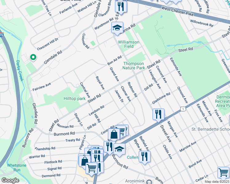 map of restaurants, bars, coffee shops, grocery stores, and more near 249 Belfield Avenue in Havertown