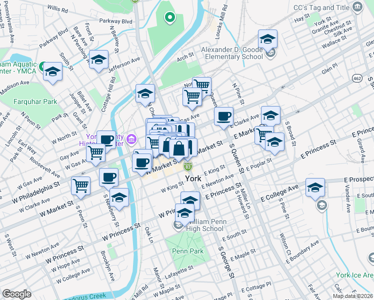 map of restaurants, bars, coffee shops, grocery stores, and more near in York