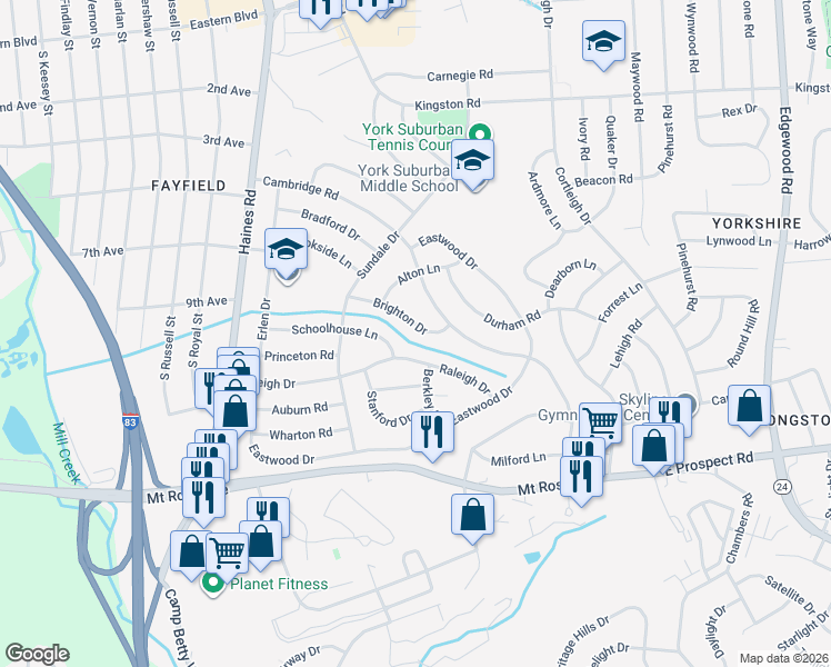 map of restaurants, bars, coffee shops, grocery stores, and more near 2560 Brighton Drive in East York