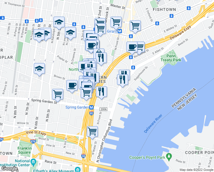 map of restaurants, bars, coffee shops, grocery stores, and more near North Front Street & Poplar Street in Philadelphia
