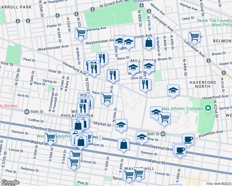 map of restaurants, bars, coffee shops, grocery stores, and more near 210 North 50th Street in Philadelphia