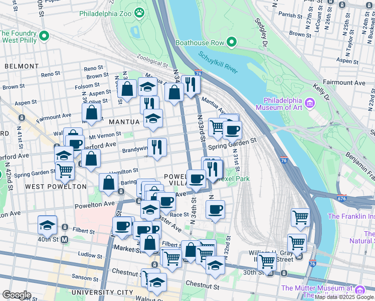 map of restaurants, bars, coffee shops, grocery stores, and more near 3401 Spring Garden Street in Philadelphia