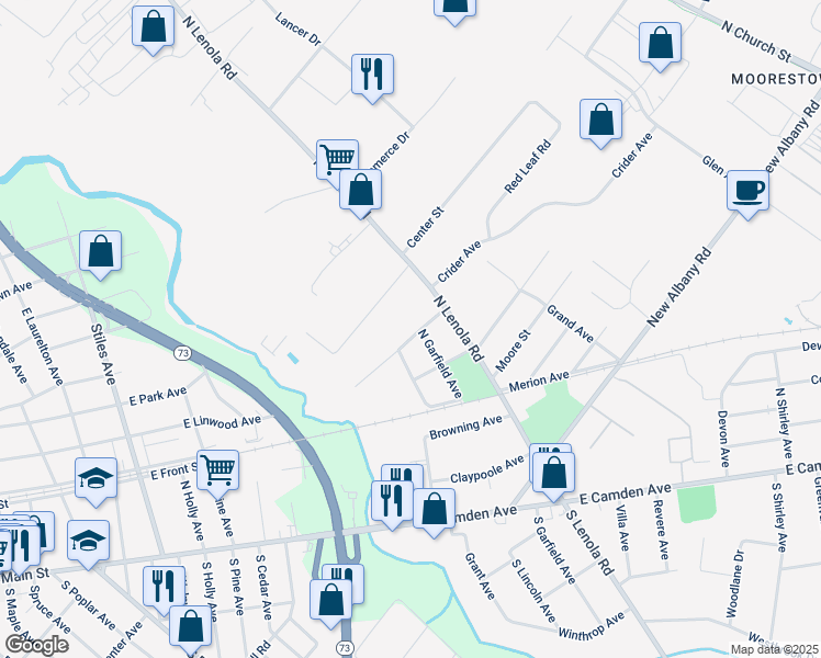 map of restaurants, bars, coffee shops, grocery stores, and more near 25 Harding Avenue in Moorestown