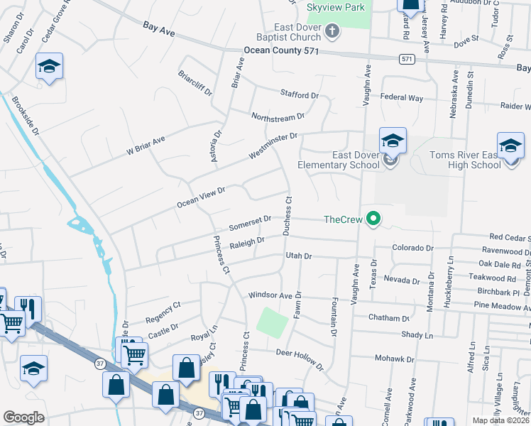 map of restaurants, bars, coffee shops, grocery stores, and more near 902 Somerset Drive in Toms River