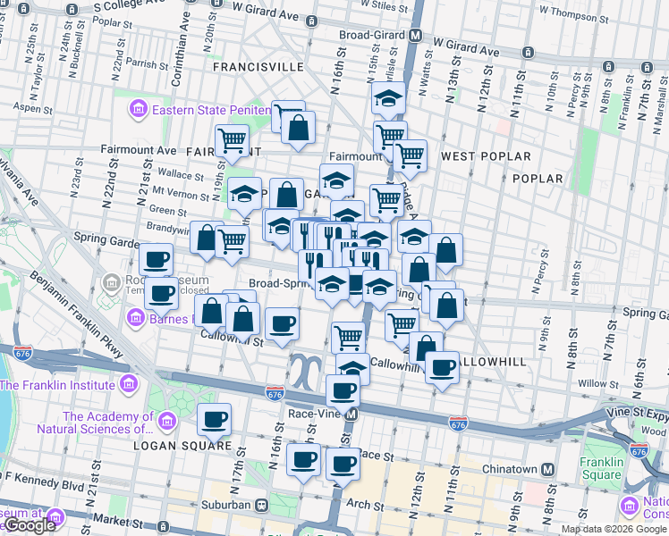 map of restaurants, bars, coffee shops, grocery stores, and more near 1515 Spring Garden Street in Philadelphia