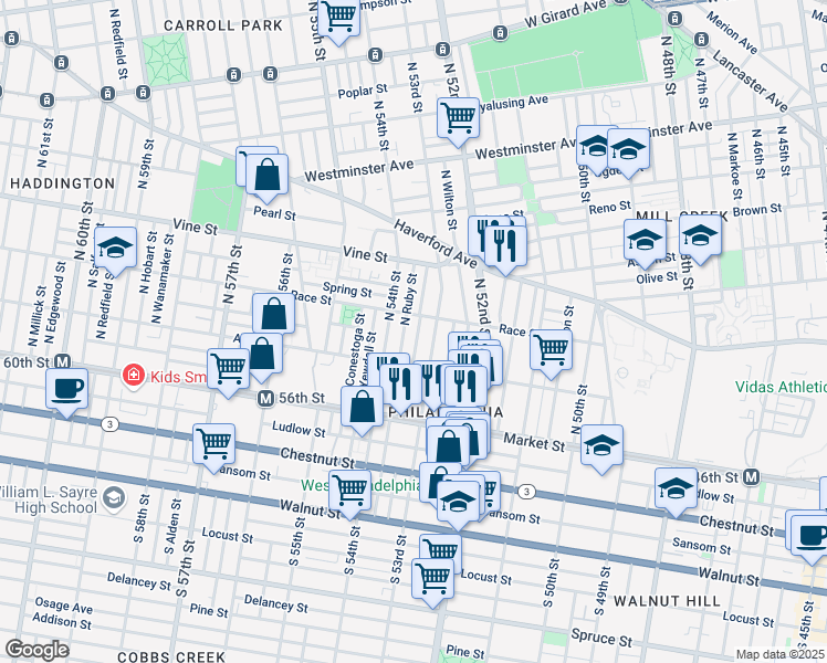 map of restaurants, bars, coffee shops, grocery stores, and more near 146 North Peach Street in Philadelphia