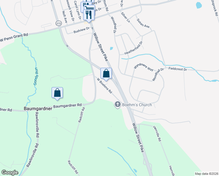 map of restaurants, bars, coffee shops, grocery stores, and more near 82 West Boehms Road in Willow Street