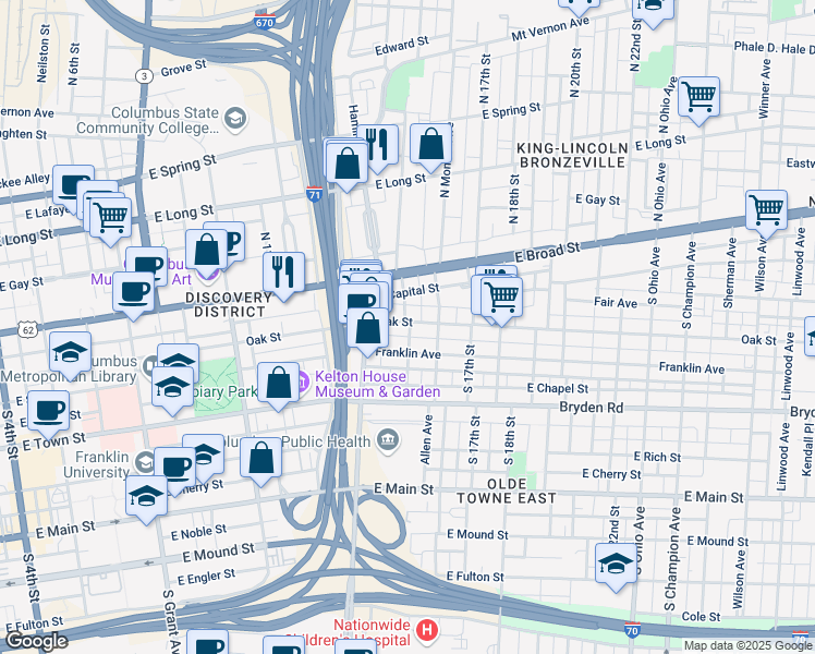 map of restaurants, bars, coffee shops, grocery stores, and more near 763 Oak Street in Columbus