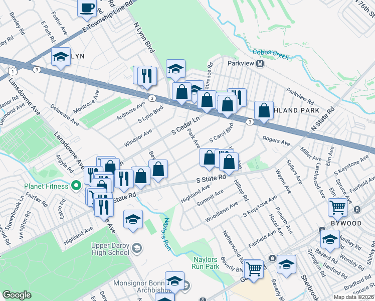 map of restaurants, bars, coffee shops, grocery stores, and more near 222 South Carol Boulevard in Delaware County