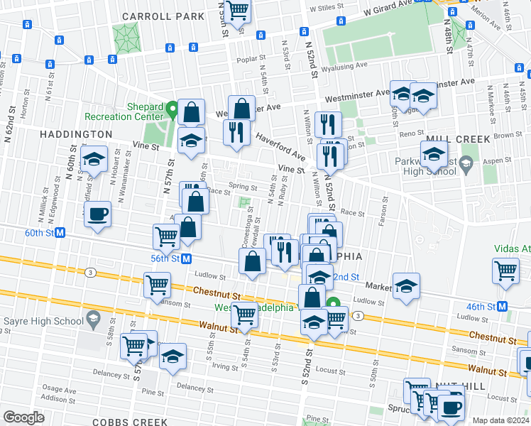 map of restaurants, bars, coffee shops, grocery stores, and more near 138 North 54th Street in Philadelphia